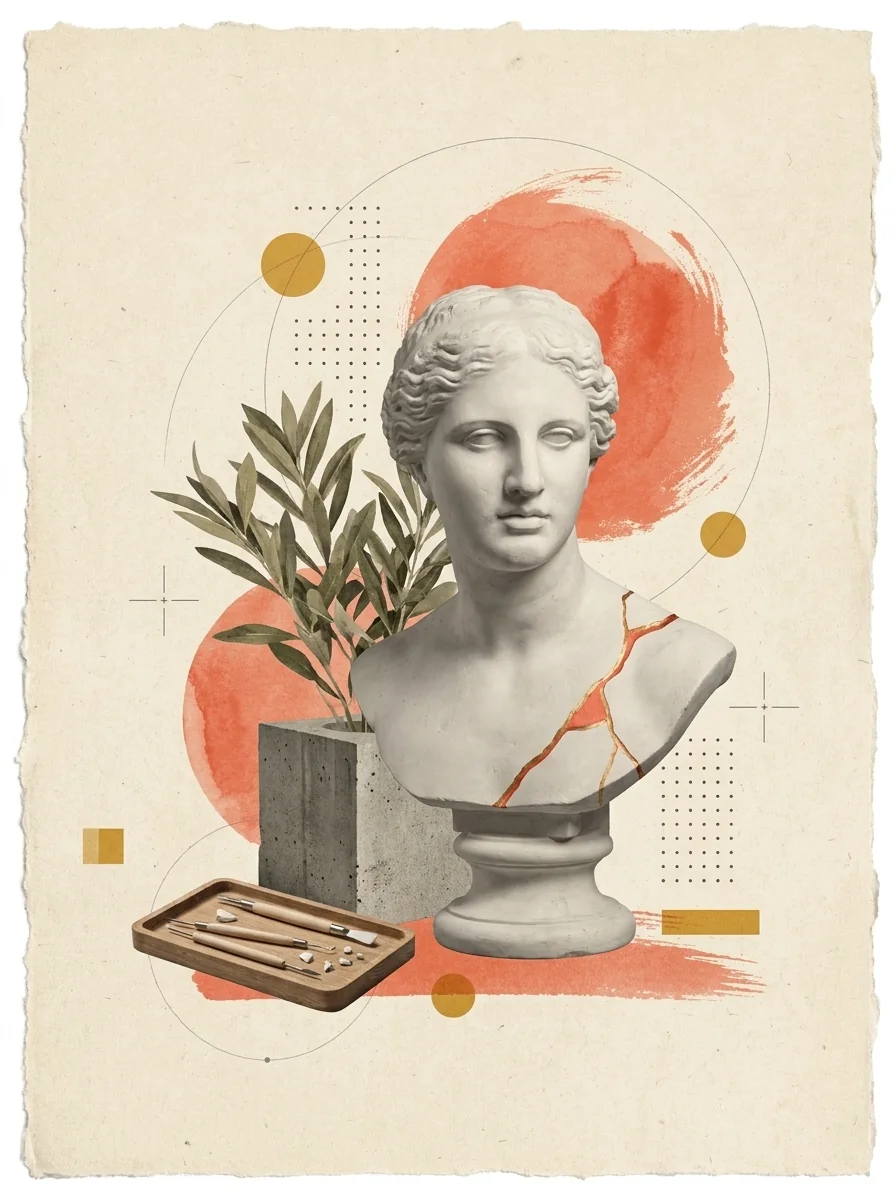 Collage: busto de yeso con una grieta reparada al modo kintsugi en coral y oro, herramientas al lado