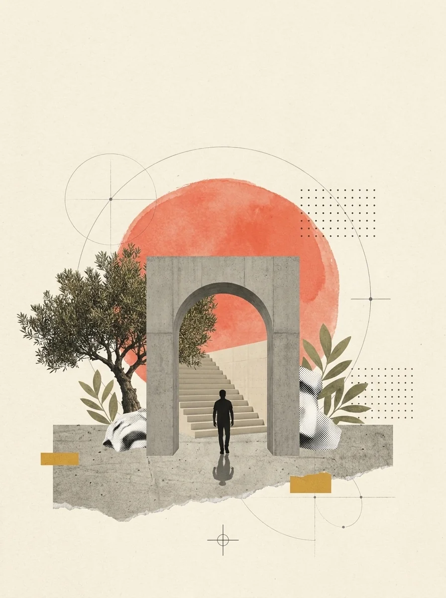 Collage: figura que cruza sola un arco de hormigón hacia un horizonte abierto con sol coral