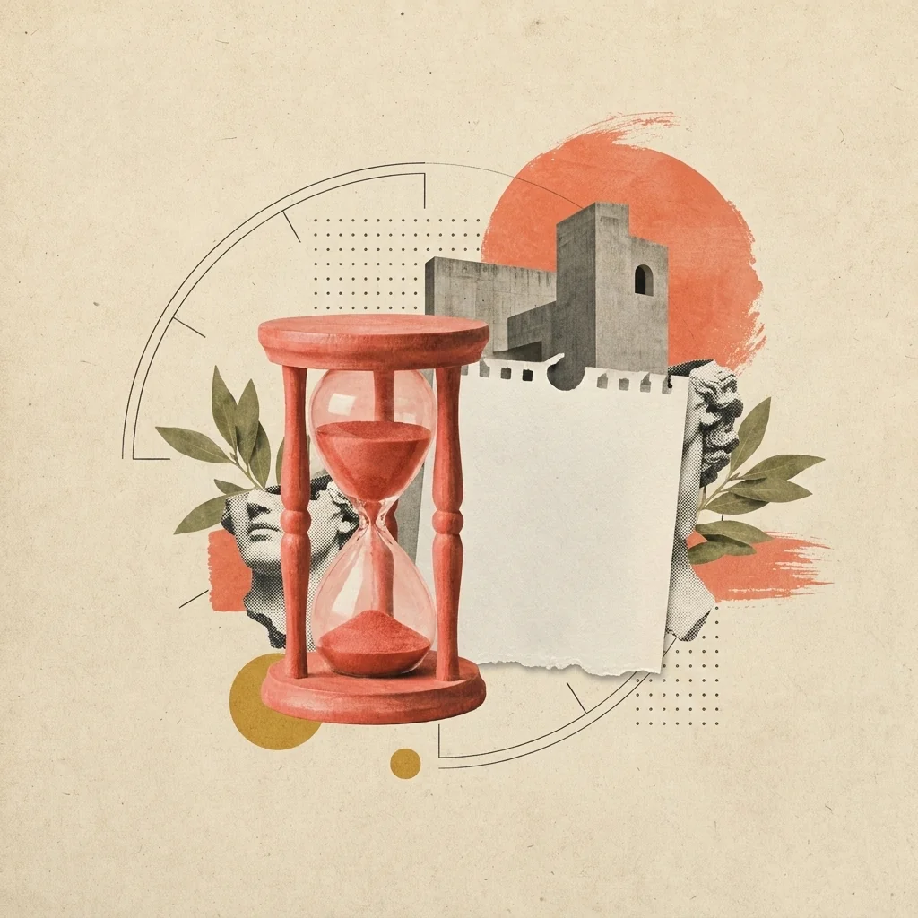 Collage: reloj de arena con arena coral y una hoja de calendario