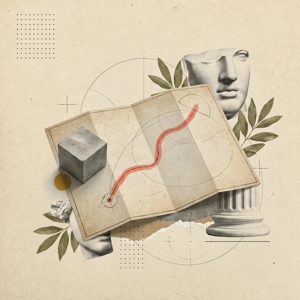 Collage: mapa desplegado con una ruta coral que llega a su punto de origen