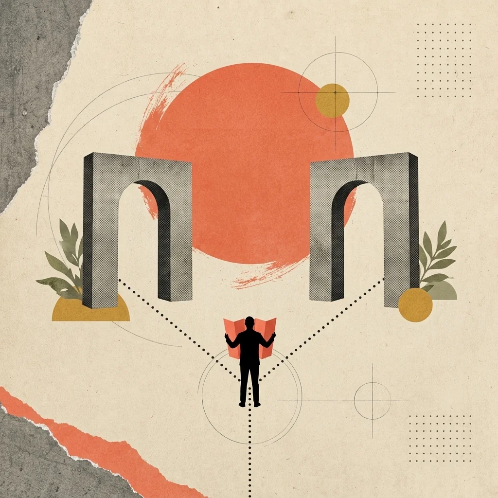 Collage: figura en una bifurcación entre dos arcos, con un mapa coral plegado en la mano