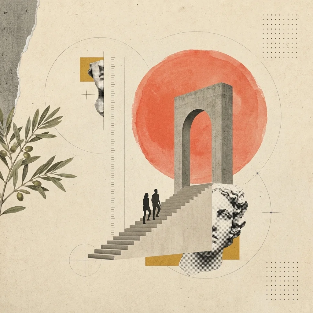 Collage: dos figuras subiendo juntas una escalera hacia un arco con sol coral