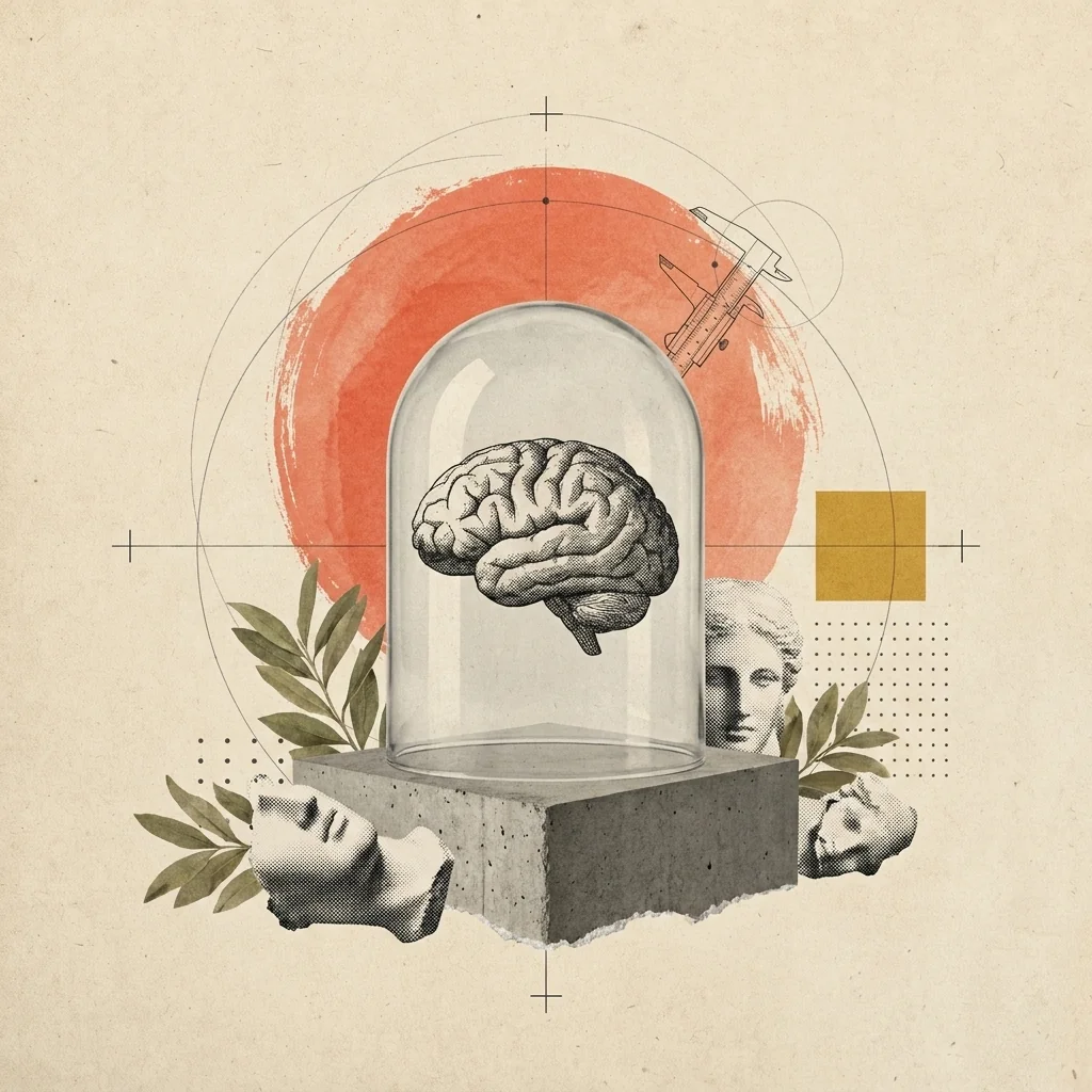 Collage: grabado anatómico de un cerebro bajo campana de vidrio con marcas de medición
