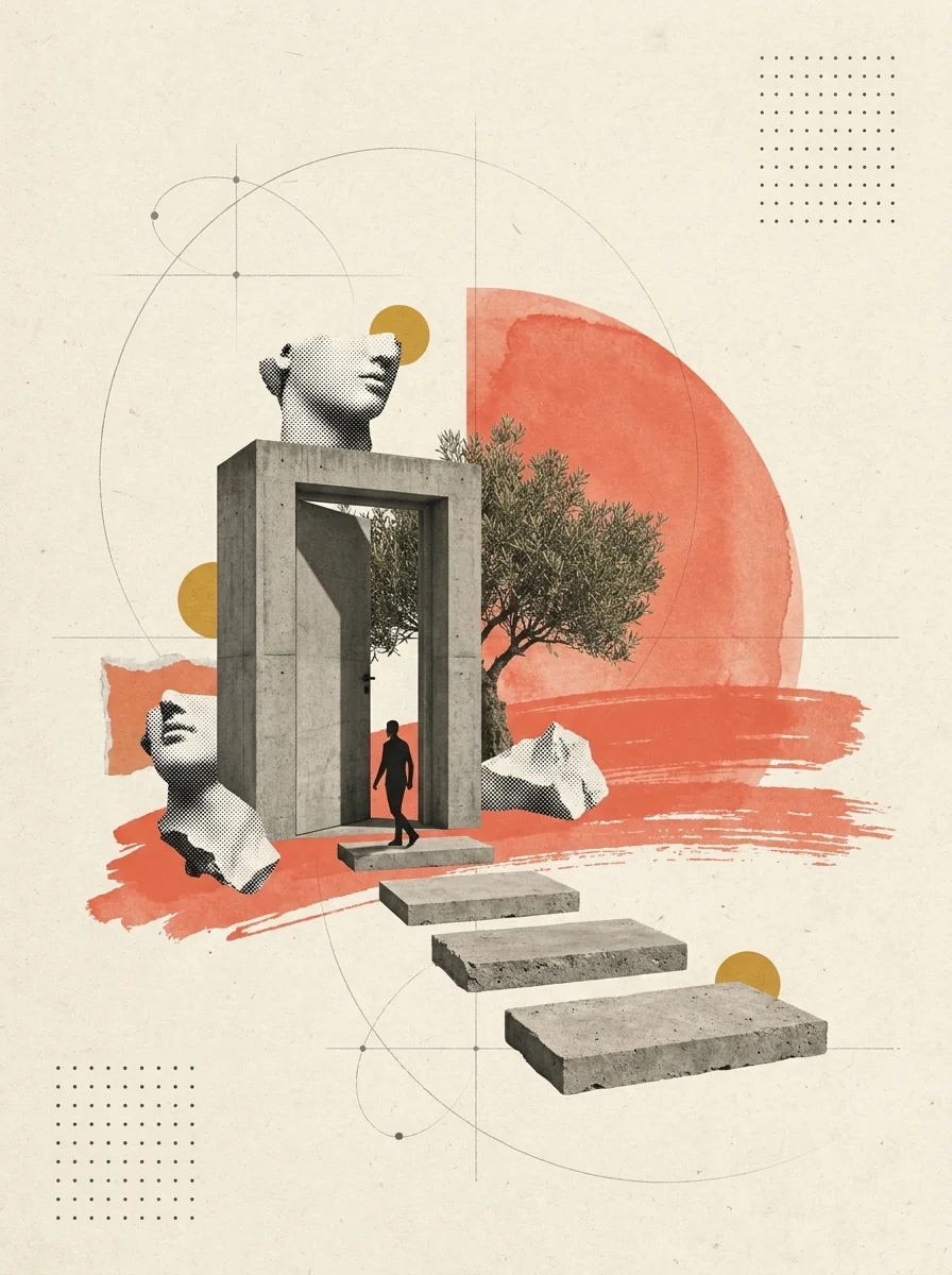 Collage: puerta de hormigón entreabierta y una figura saliendo por piedras dispuestas por tramos
