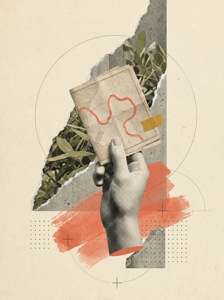 Collage: mano de yeso entregando un mapa plegado con ruta coral